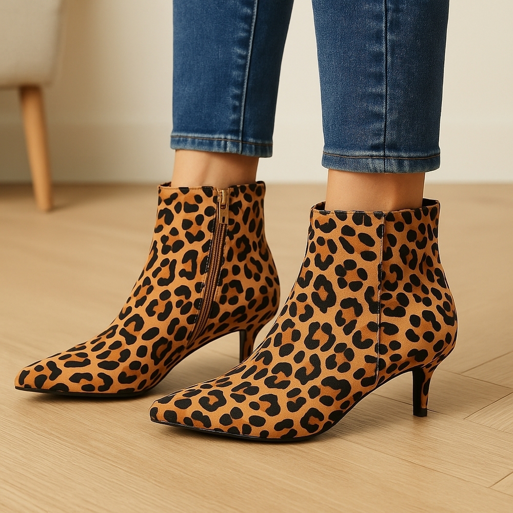 ---🐆 Leopard Print Pointed Toe Ankle Boots – Kitten Heel – Women’s Size US 9